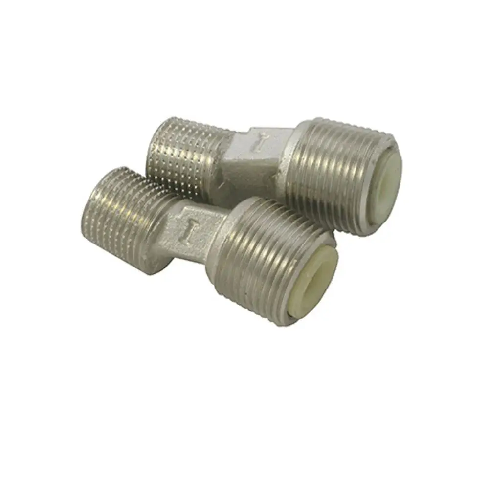 Zwei metallische S-Anschlüsse mit Gewinden, in der Mitte verbunden, die für Kludi-Produkte geeignet sind. Ideal für Installationen mit Schalldämpfung.